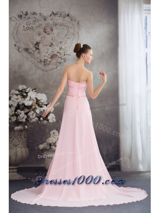 Sweetheart Court Train Pink Chiffon Prom Celebrity Dress with Beading