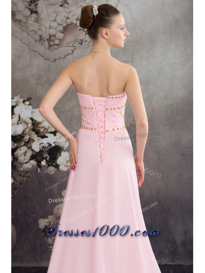 Sweetheart Court Train Pink Chiffon Prom Celebrity Dress with Beading