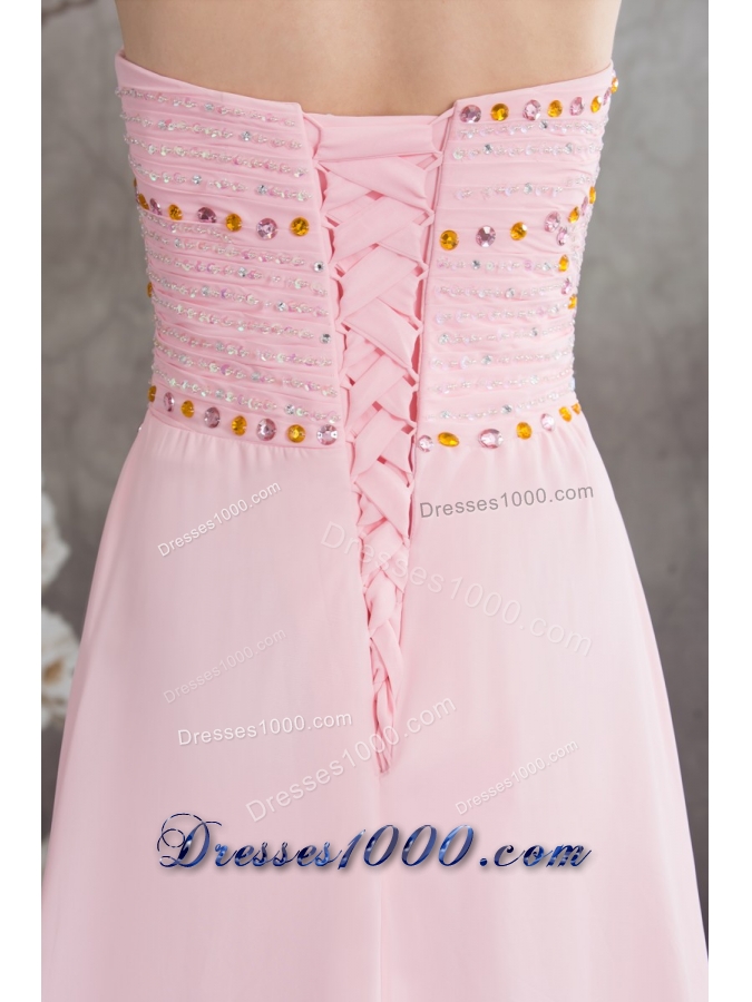 Sweetheart Court Train Pink Chiffon Prom Celebrity Dress with Beading