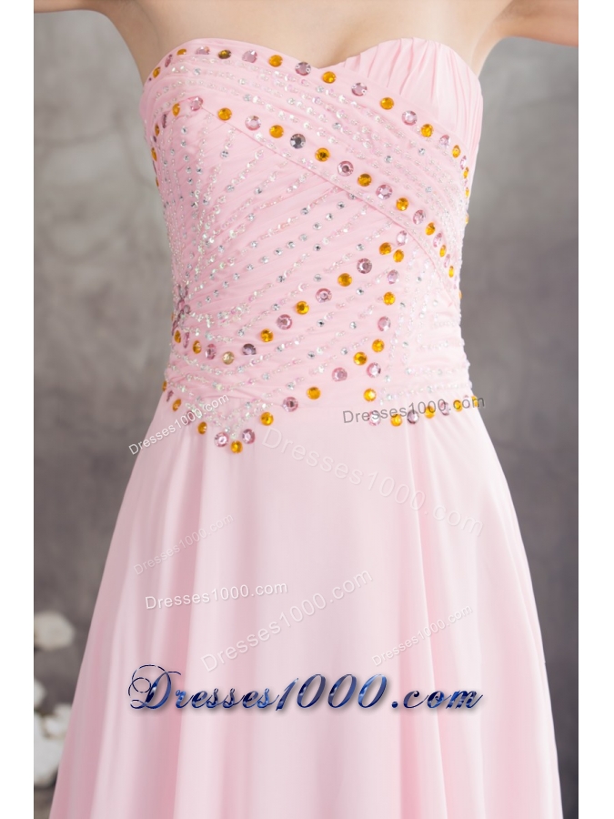 Sweetheart Court Train Pink Chiffon Prom Celebrity Dress with Beading
