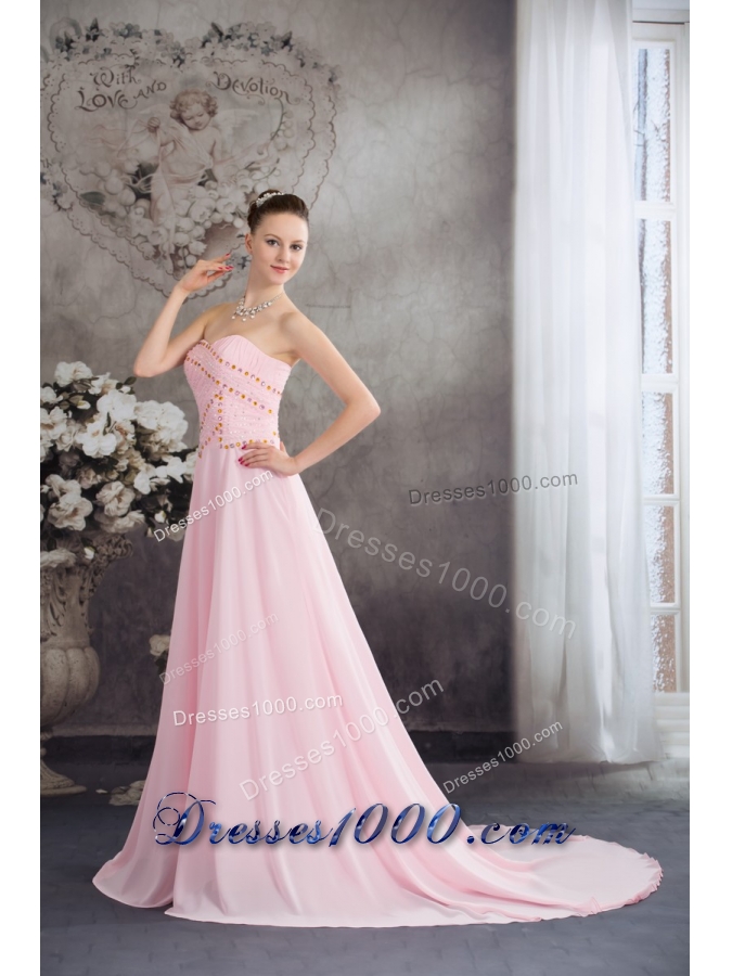 Sweetheart Court Train Pink Chiffon Prom Celebrity Dress with Beading