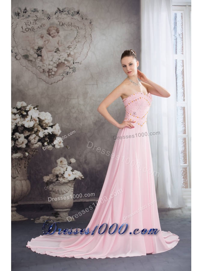 Sweetheart Court Train Pink Chiffon Prom Celebrity Dress with Beading