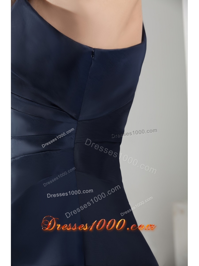Asymmetrical Shoulder Sweep Train Navy Blue Prom Gown in Satin