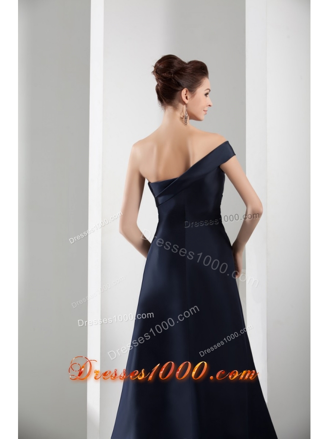 Asymmetrical Shoulder Sweep Train Navy Blue Prom Gown in Satin
