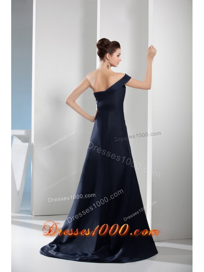 Asymmetrical Shoulder Sweep Train Navy Blue Prom Gown in Satin
