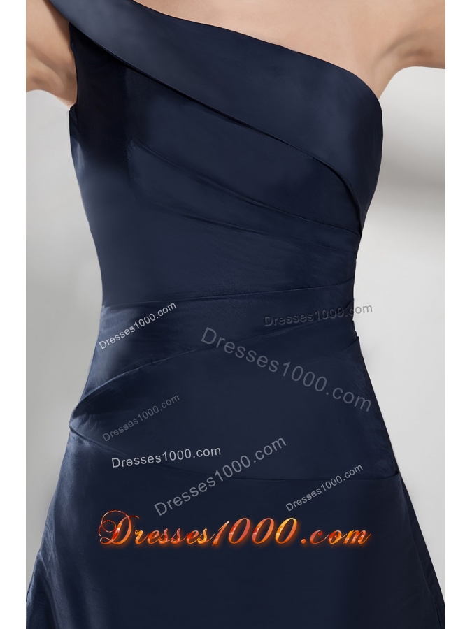 Asymmetrical Shoulder Sweep Train Navy Blue Prom Gown in Satin