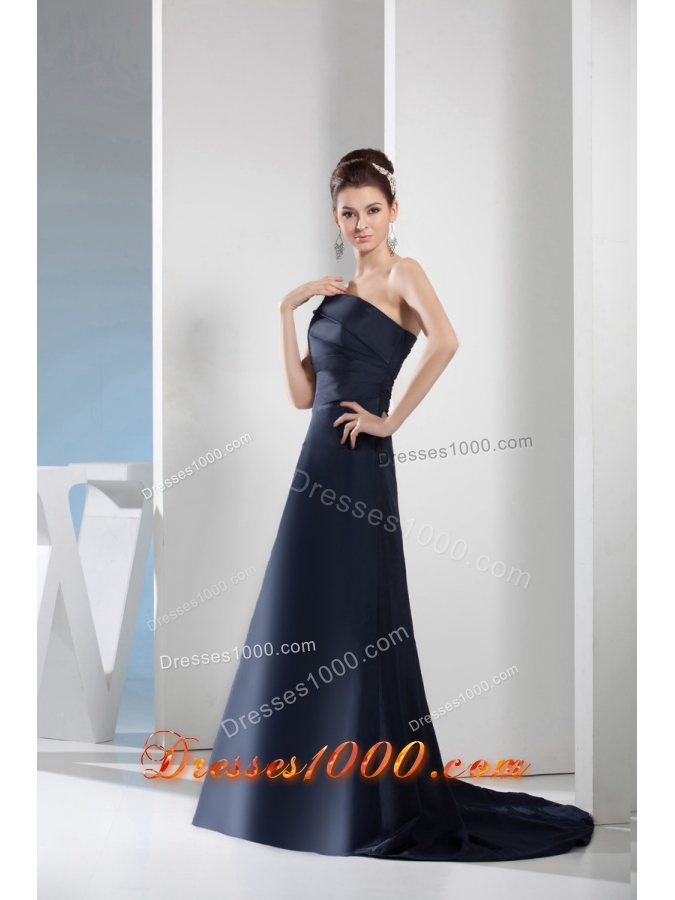 Asymmetrical Shoulder Sweep Train Navy Blue Prom Gown in Satin