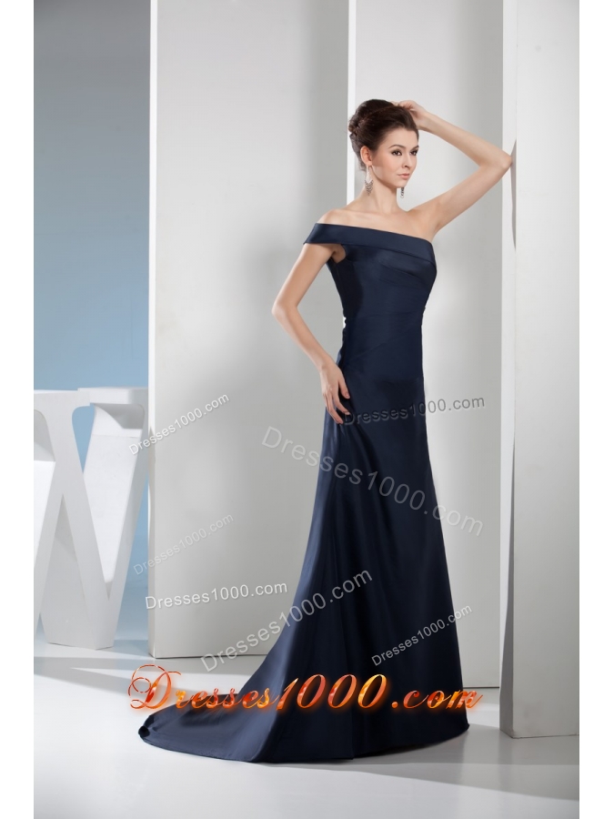 Asymmetrical Shoulder Sweep Train Navy Blue Prom Gown in Satin