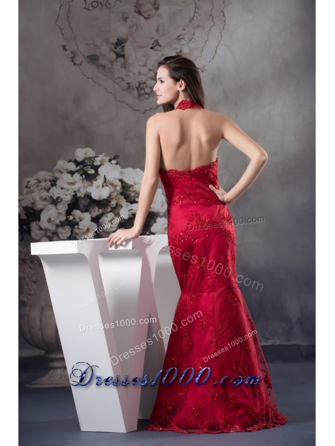 Wine Red Halter-Top Prom Gown with Embroidery and Beading for Party