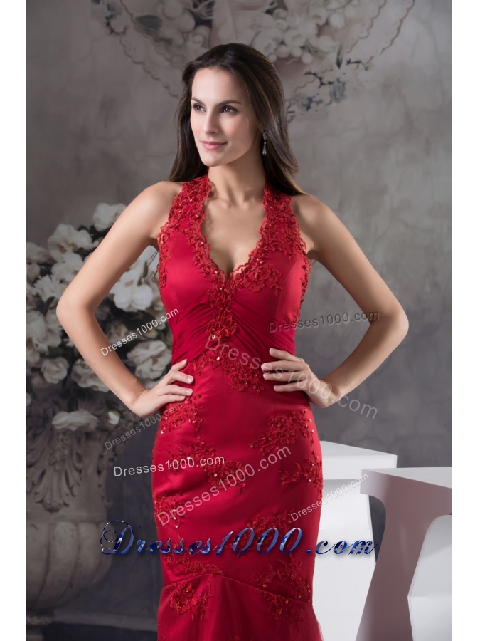 Wine Red Halter-Top Prom Gown with Embroidery and Beading for Party