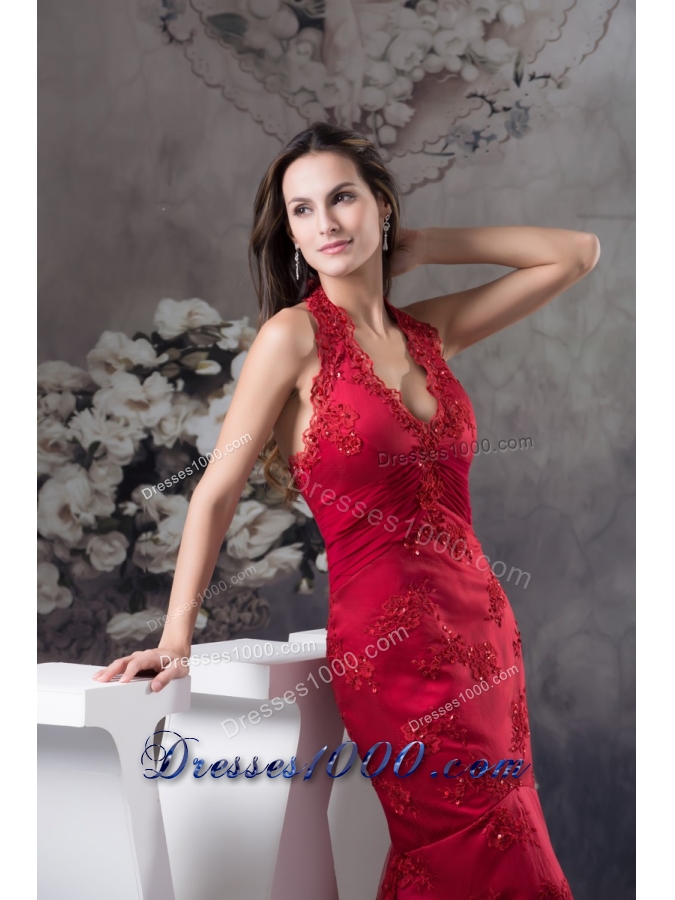 Wine Red Halter-Top Prom Gown with Embroidery and Beading for Party