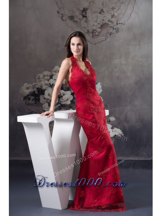 Wine Red Halter-Top Prom Gown with Embroidery and Beading for Party