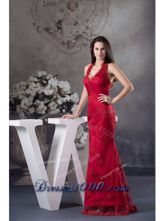 Wine Red Halter-Top Prom Gown with Embroidery and Beading for Party