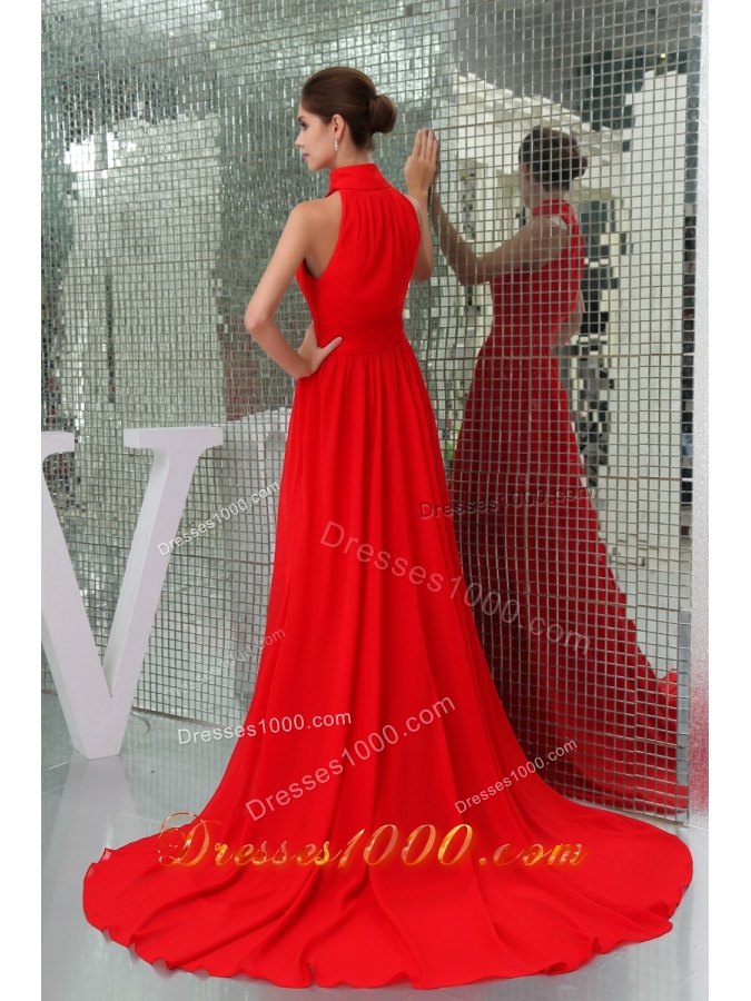 Pretty Chiffon High-neck Red Prom Dress Court Train in the Mainstream