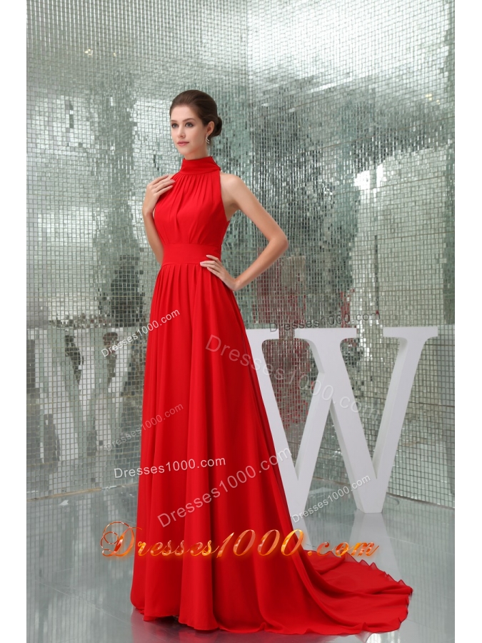 Pretty Chiffon High-neck Red Prom Dress Court Train in the Mainstream