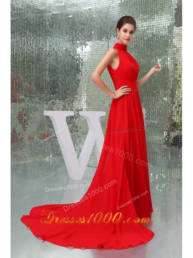 Pretty Chiffon High-neck Red Prom Dress Court Train in the Mainstream