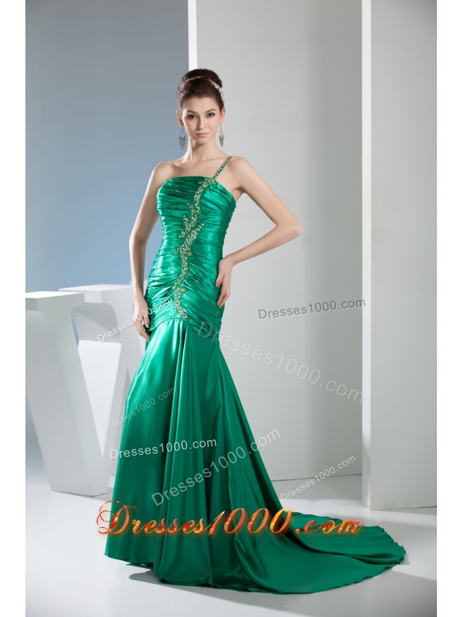 2014 Green One Shoulder Column Ruching Prom Gowns for Party