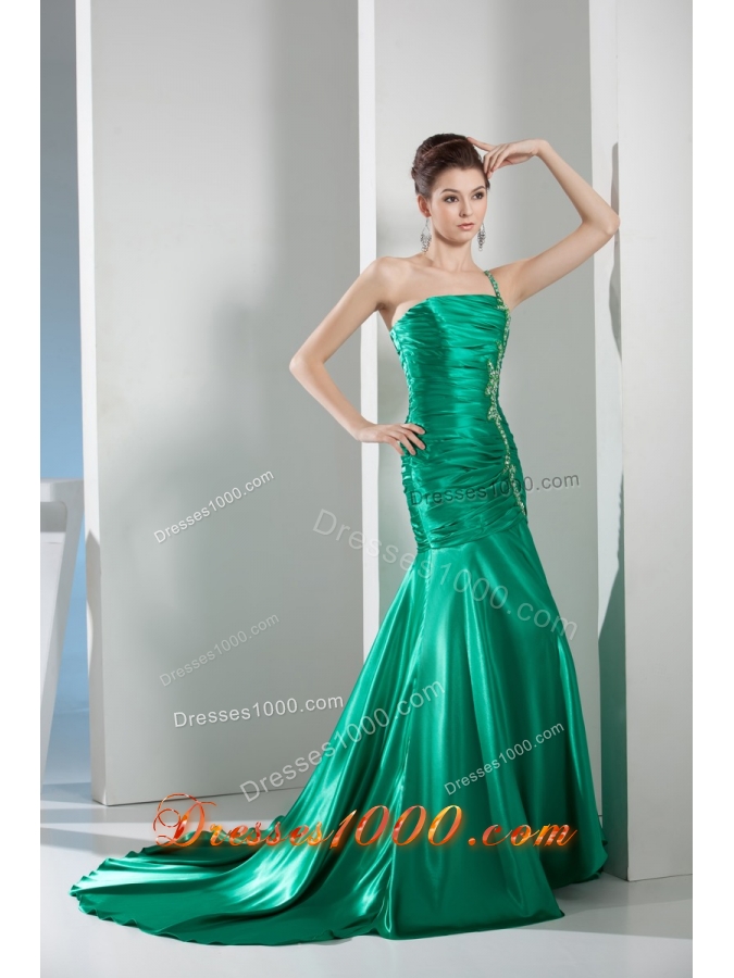2014 Green One Shoulder Column Ruching Prom Gowns for Party