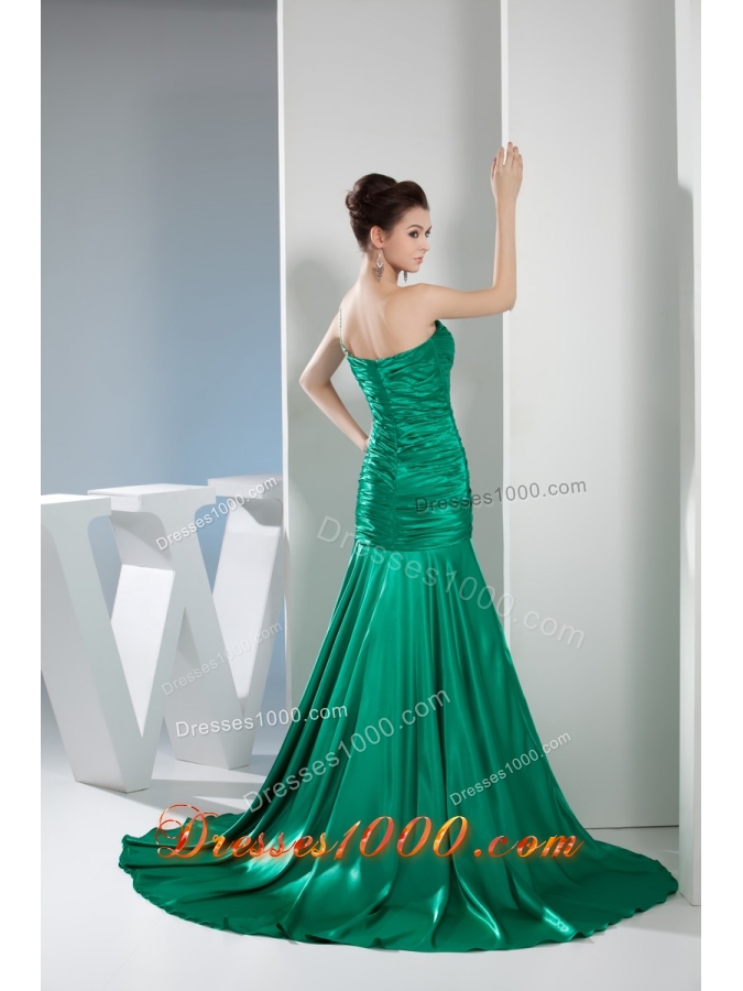 2014 Green One Shoulder Column Ruching Prom Gowns for Party