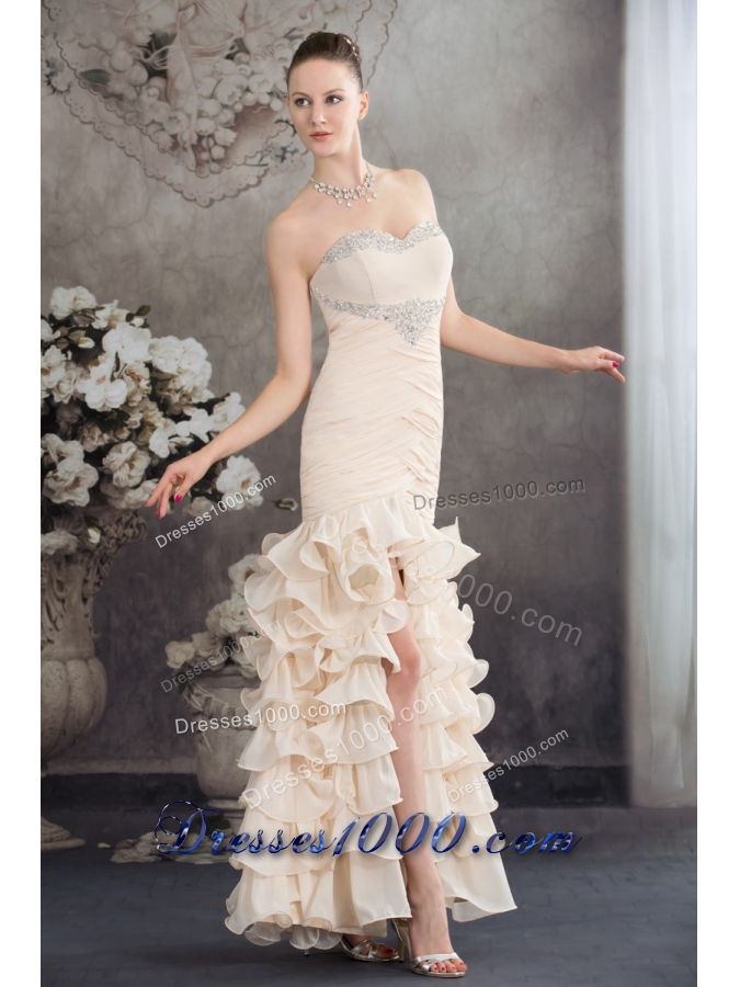 Champagne High Slit Prom Holiday Dress with Beading and Ruffled Layers