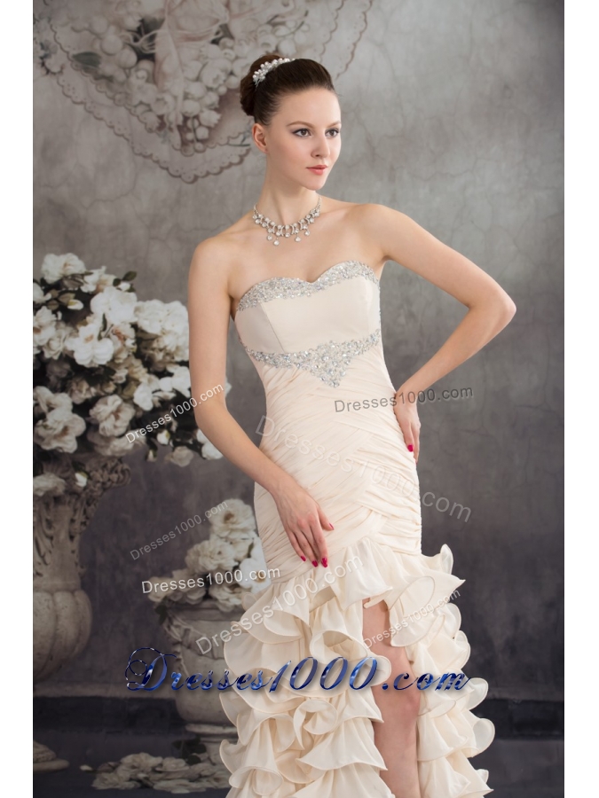 Champagne High Slit Prom Holiday Dress with Beading and Ruffled Layers