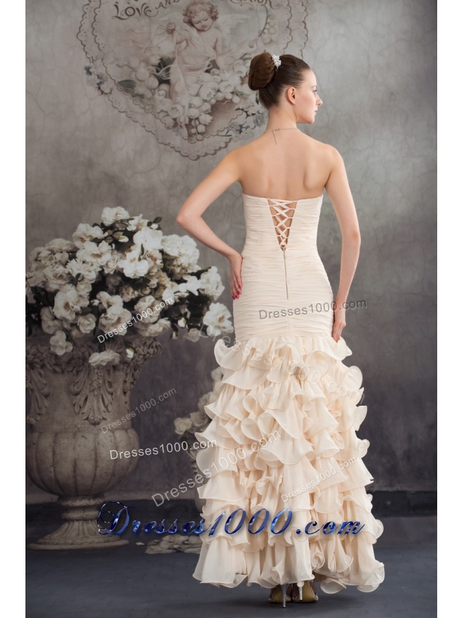 Champagne High Slit Prom Holiday Dress with Beading and Ruffled Layers