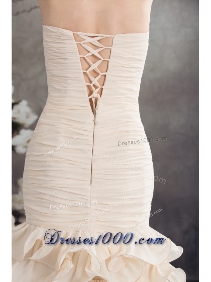 Champagne High Slit Prom Holiday Dress with Beading and Ruffled Layers