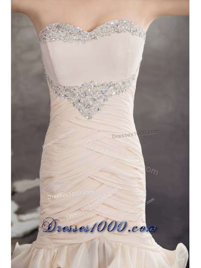 Champagne High Slit Prom Holiday Dress with Beading and Ruffled Layers