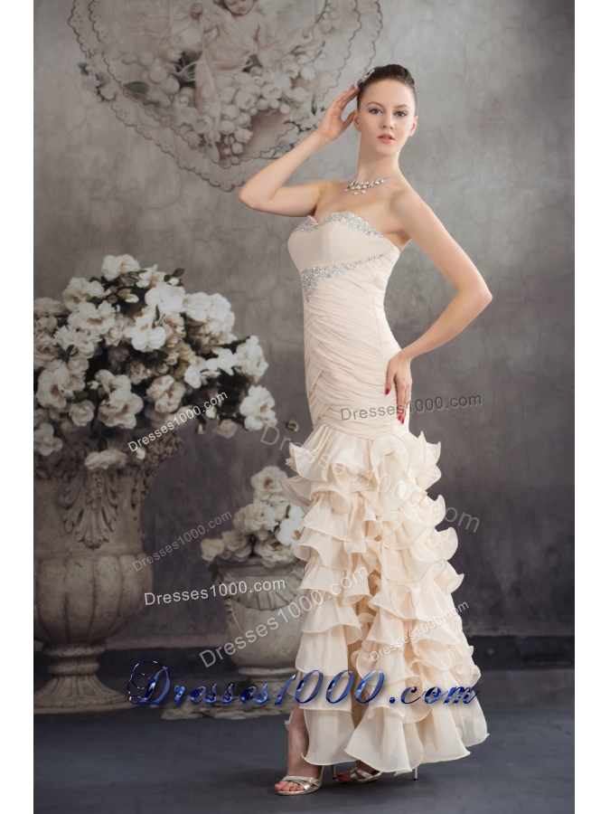 Champagne High Slit Prom Holiday Dress with Beading and Ruffled Layers