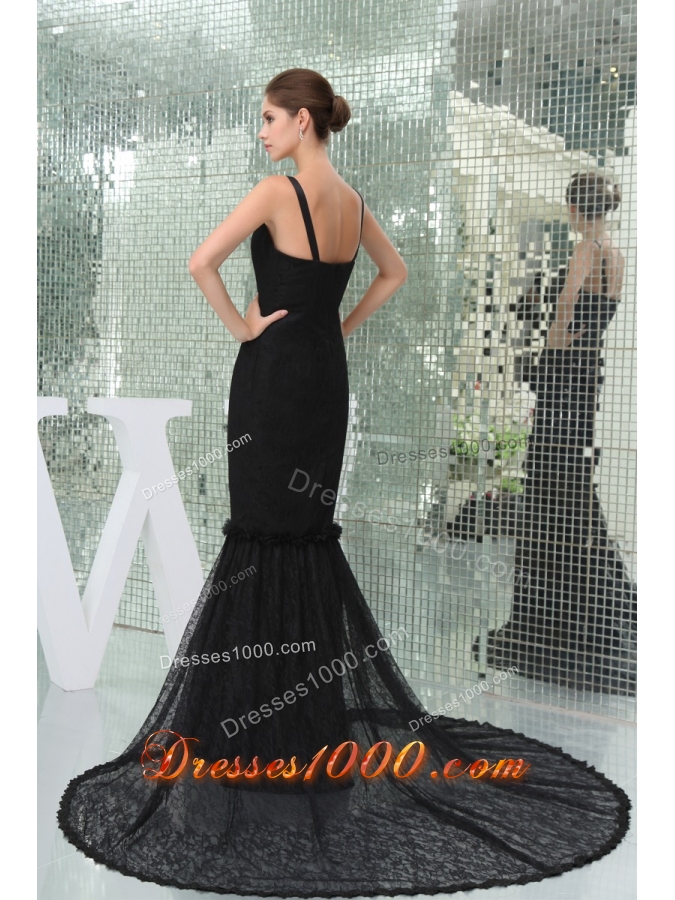 Mermaid Brush Train Spaghetti Straps Black Lace Prom Dress
