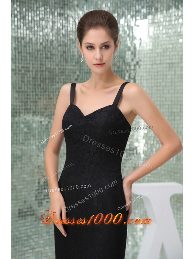 Mermaid Brush Train Spaghetti Straps Black Lace Prom Dress