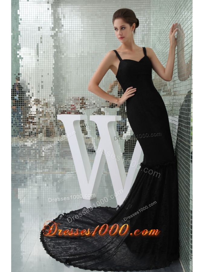 Mermaid Brush Train Spaghetti Straps Black Lace Prom Dress