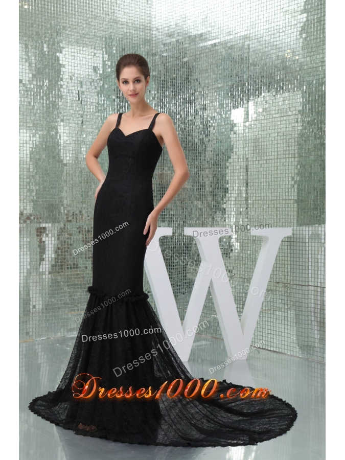 Mermaid Brush Train Spaghetti Straps Black Lace Prom Dress