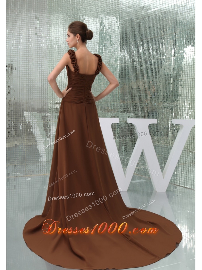 Ruches and Flowers Accent Brown Prom Dress with Court Train