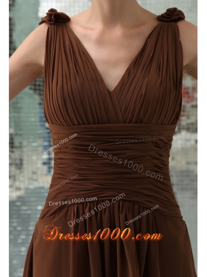 Ruches and Flowers Accent Brown Prom Dress with Court Train