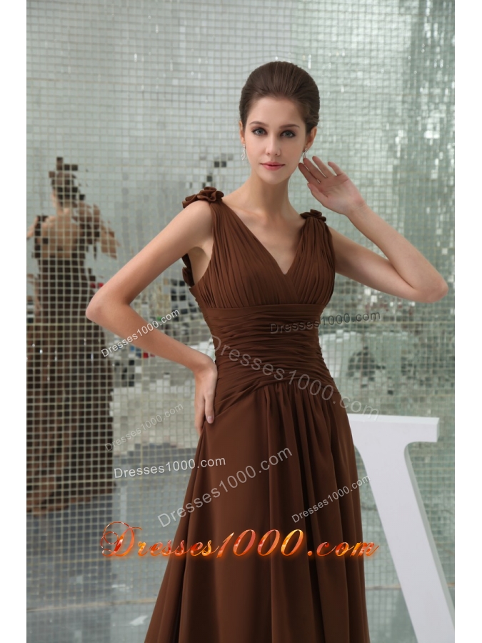 Ruches and Flowers Accent Brown Prom Dress with Court Train