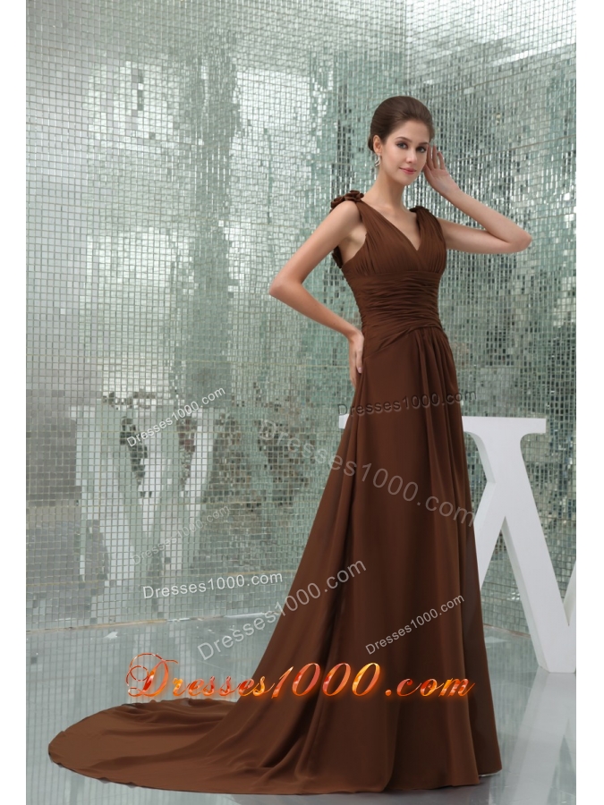 Ruches and Flowers Accent Brown Prom Dress with Court Train