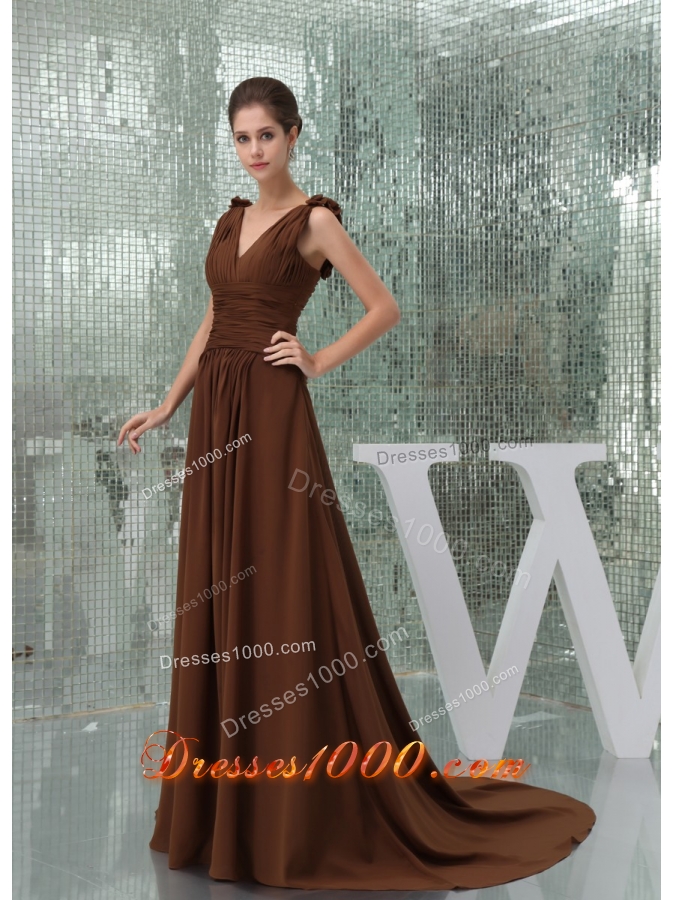 Ruches and Flowers Accent Brown Prom Dress with Court Train