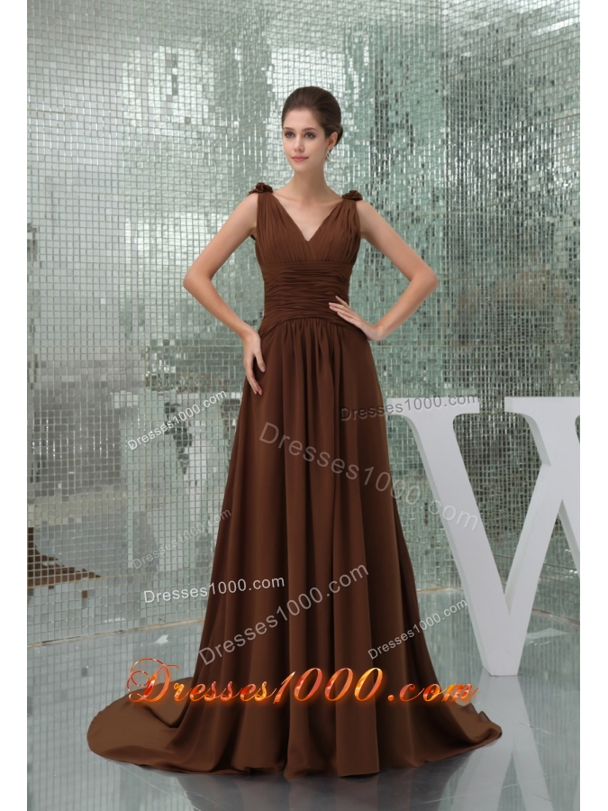 Ruches and Flowers Accent Brown Prom Dress with Court Train