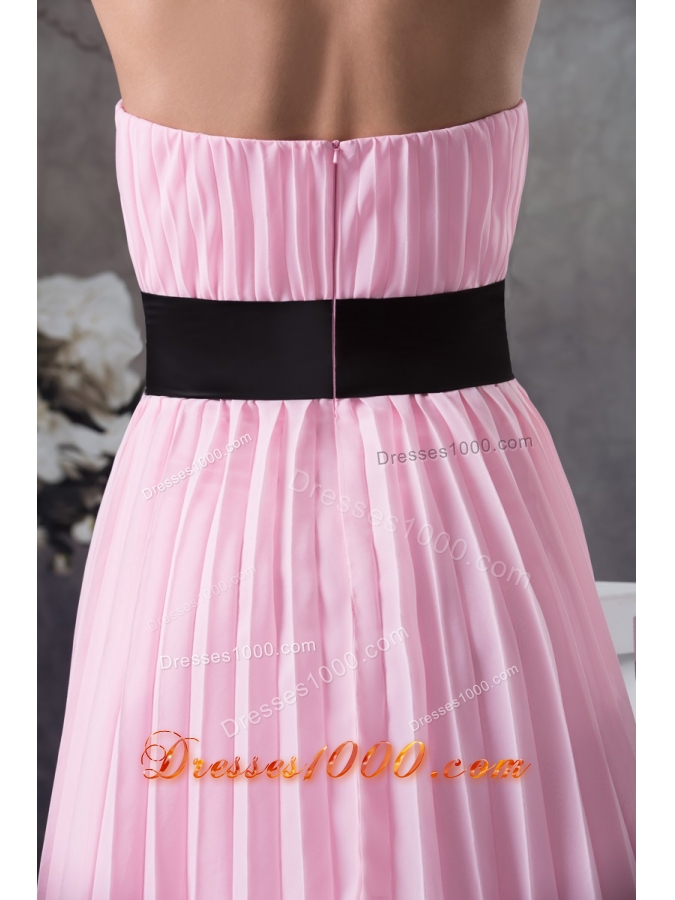 Ruching Prom Gown with Handmade Flower Decorated Black Sash