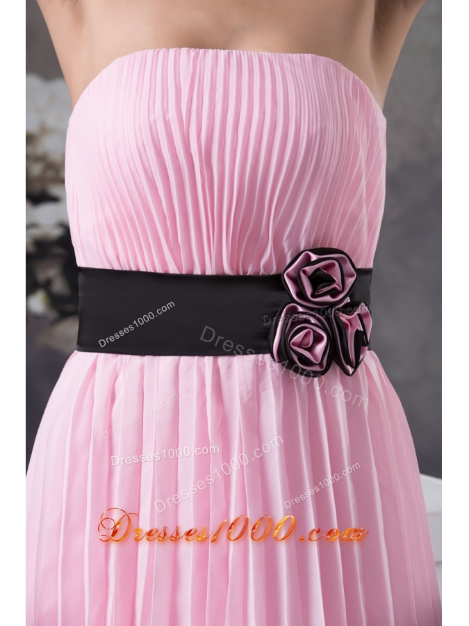 Ruching Prom Gown with Handmade Flower Decorated Black Sash