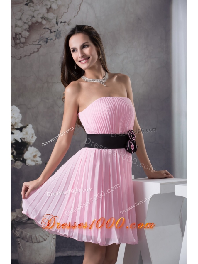 Ruching Prom Gown with Handmade Flower Decorated Black Sash