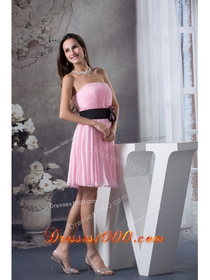 Ruching Prom Gown with Handmade Flower Decorated Black Sash