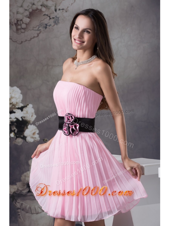 Ruching Prom Gown with Handmade Flower Decorated Black Sash