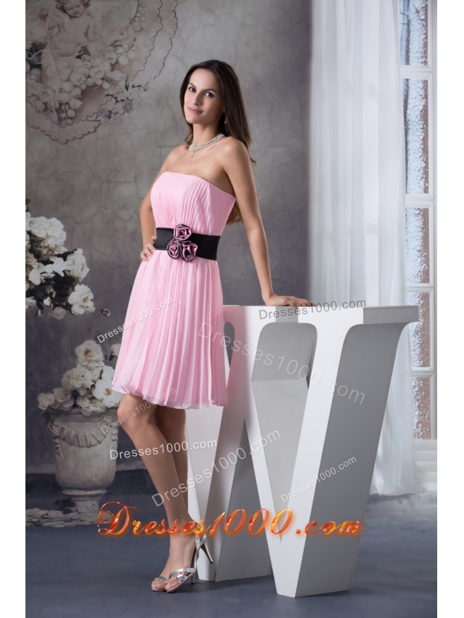 Ruching Prom Gown with Handmade Flower Decorated Black Sash