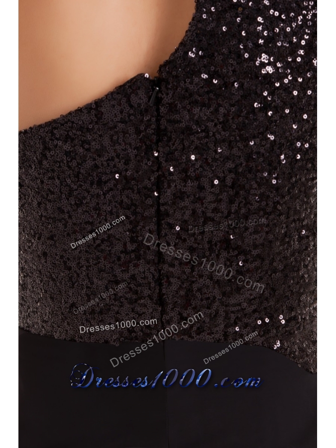 Sexy Black Mini Prom Dress with Asymmetrical Neckline Sequin Satin