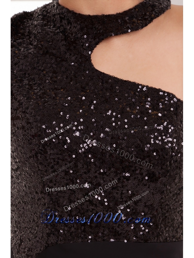 Sexy Black Mini Prom Dress with Asymmetrical Neckline Sequin Satin