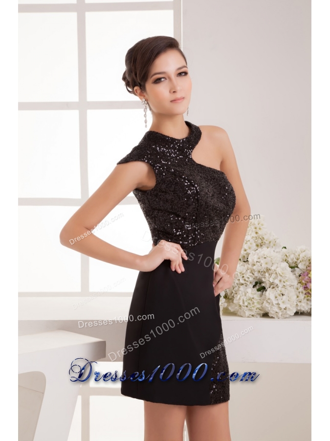 Sexy Black Mini Prom Dress with Asymmetrical Neckline Sequin Satin