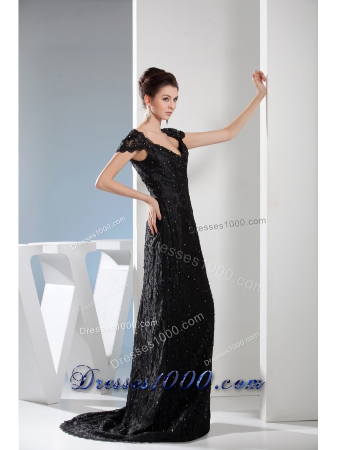 V-neck Beaded Black Lace Column Prom Dress with Brush Train