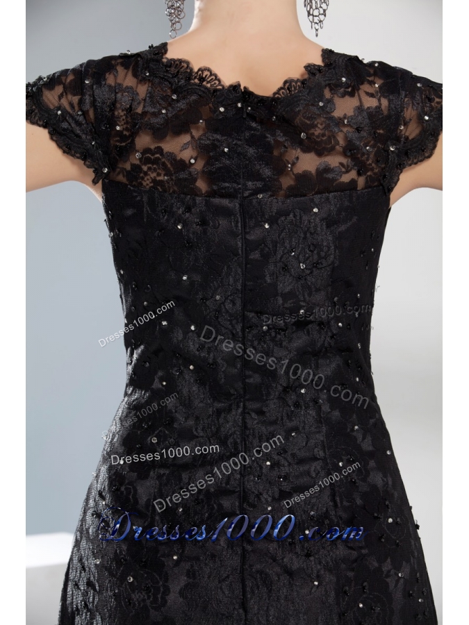 V-neck Beaded Black Lace Column Prom Dress with Brush Train